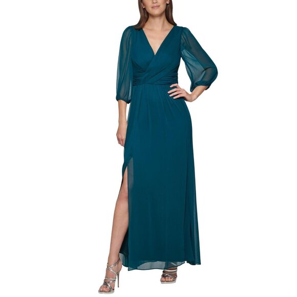 DKNY Chiffon Balloon-Sleeve Faux Wrap Side Slit Maxi Dress Forest Green 8 - Picture 8 of 12